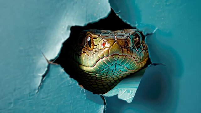 Intriguing Gaze: A striking snake emerges from a torn opening, its watchful eyes captivating with a hint of mystery and allure. 