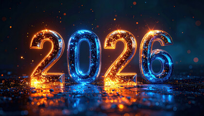 Glowing numbers 2026 in vibrant blue and orange colors with sparkling effects create festive and futuristic atmosphere. reflective surface enhances celebratory mood