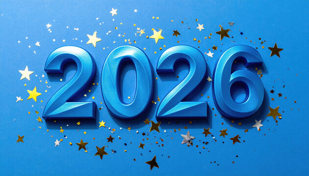 Blue 2026 numbers with gold and silver star confetti on vibrant blue background create festive and celebratory atmosphere. Perfect for New Year or milestone events - Powered by Adobe