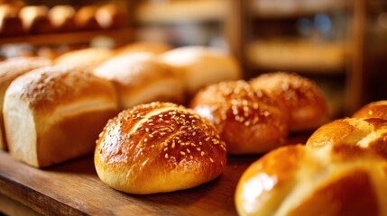 Golden brown bread loaves and soft rolls sit on a wooden surface in a cozy bakery. The inviting aroma fills the air as customers browse the fresh offerings.