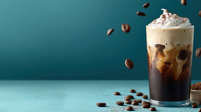 Tall glass of iced coffee topped with whipped cream sits on a blue surface with falling beans