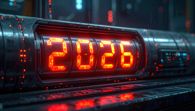 Futuristic digital display shows year 2026 in glowing red numbers, set against high tech, metallic background with intricate details and ambient lighting - Powered by Adobe