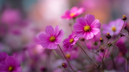 Fototapeta premium In a lively garden pink flowers display their vivid colors under sunlight. Soft petals and bright yellow centers attract bees and butterflies enhancing the beauty of the scene.