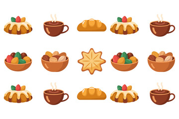 Colored outline vector icons for food and dessert, showing pastry, coffee cup, fruit bowl, and decorative star symbols.