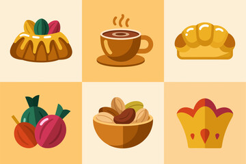 Outline vector icons for food and dessert, illustrating pastry, coffee cup, fruit bowl, and decorative star symbols.