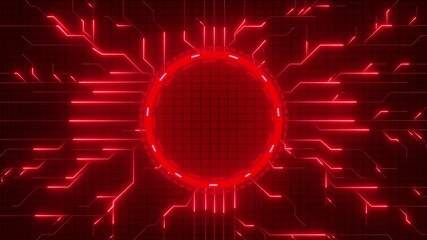 Red glowing neon circuit lines and grid on a dark background with a circular HUD element. Futuristic digital technology, engineering, and digital technology and cyber network concept. - Powered by Adobe