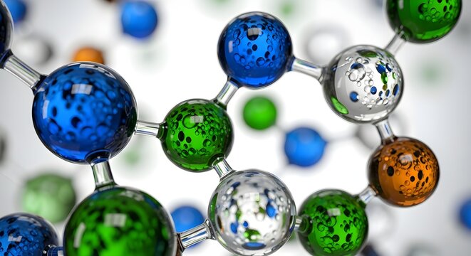 Molecular structure with vibrant blue, green, and orange atoms for scientific research