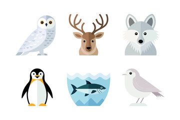Flat vector icon set for arctic animals, featuring owl, reindeer, arctic fox, penguin, seal, and winter bird.