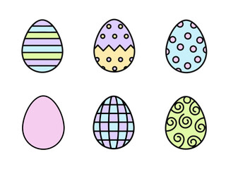 Set of Decorated Easter Eggs with Circles, Stripes, Checks, and Swirls on White Background