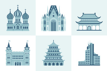 Obraz premium Colored outline vector icons for world architecture, showing Russian, Chinese, historical castle, temple, and cathedral buildings.