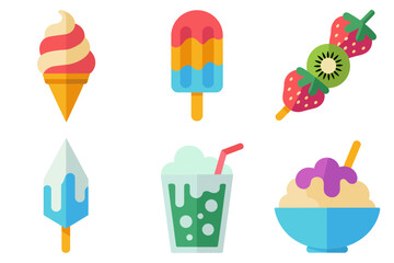 Flat vector icon set for ice cream and dessert, illustrating cone, popsicle, fruit skewer, shake, and sundae.