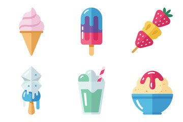 Colored outline vector icons for ice cream and dessert, showing cone, popsicle, fruit skewer, shake, and sundae.