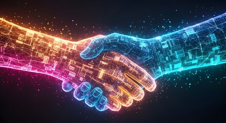 Digital handshake representing global partnership with futuristic technology design