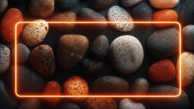 Abstract composition of various stones with an illuminated rectangle border