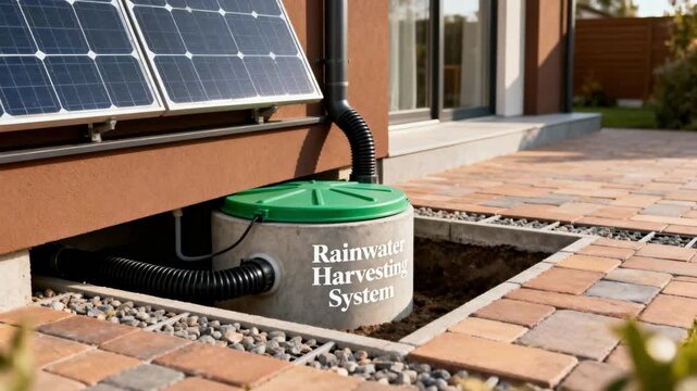 Medium shot of a compact underground rainwater tank installation adjacent to a residential building highlighting ecofriendly water conservation techniques.