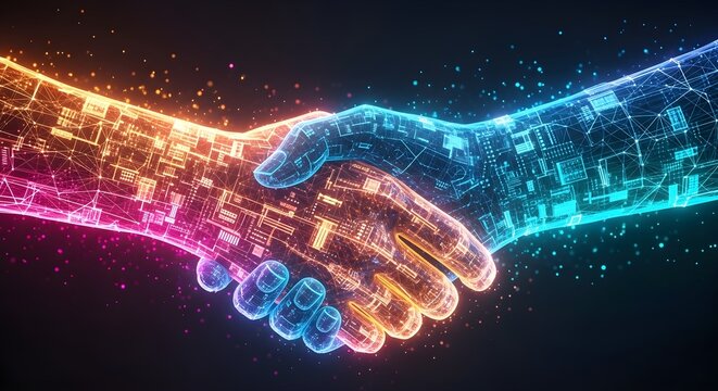 Digital handshake representing global partnership with futuristic technology design