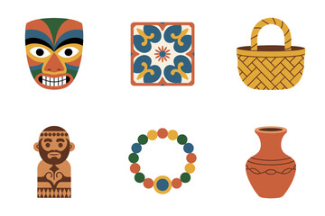 Colored outline vector icons for tribal mask and ethnic elements, showing mask, pattern, basket, jewelry, and pottery.