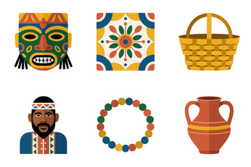 Flat vector icon set for tribal mask and ethnic elements, featuring mask, pattern, basket, jewelry, and pottery.
