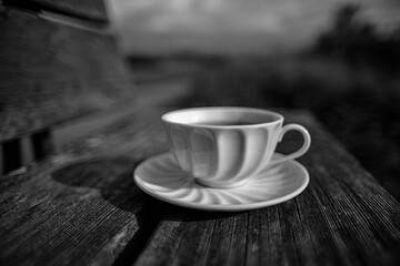 Elegant cup of tea on a bench black/white