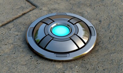 Metallic round object with glowing light on concrete surface close up shot