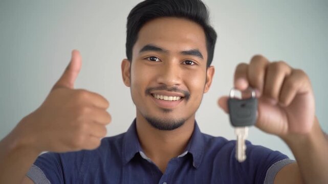 Happy young Asian man smiling, holding a car key in one hand and giving a thumbs-up with the other.