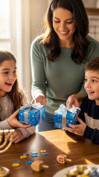 Woman exchanges Hanukkah gifts with a girl and boy, with dreidels and coins on a table for holiday celebration. Vertical video
