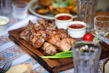 Grilled barbecue meat skewer dish