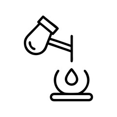 An abstract drawing depicting a drop falling from a beaker over a burner. The illustration has a simple design and is suitable for educational or scientific purposes
