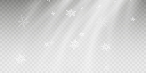 Stock vector illustration falling snow. Snowflakes, snowfall. Transparent background. Fall of snow.