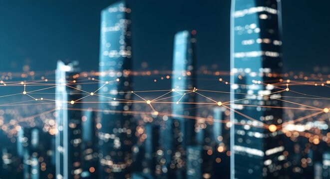 Dynamic city skyline connected by vibrant network lines conveys modern innovation