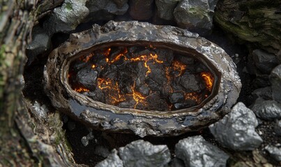 Rock oven with glowing coal embers and textured stone surroundings
