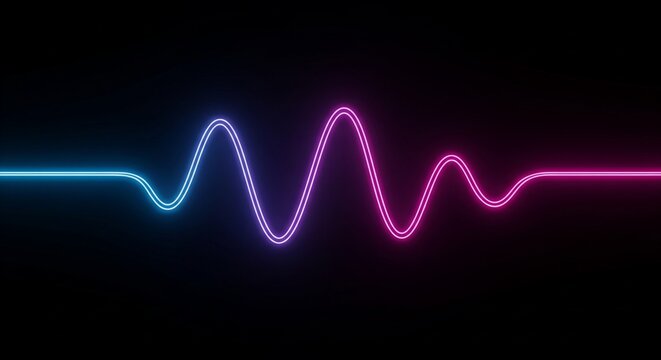 Vibrant neon glowing waveform against a dark background, illustrating sound or digital signal.