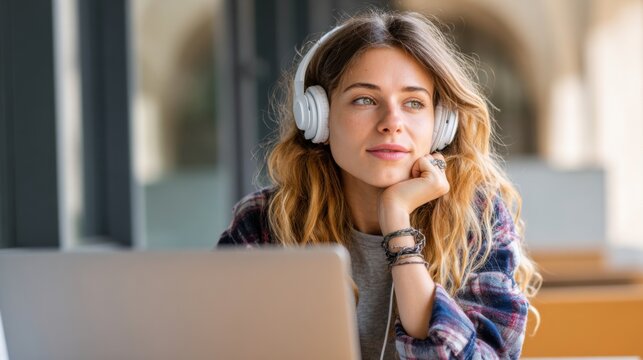 Young woman listens to music with headphones while working on her laptop at a desk. Sunlight filters through the large windows creating a warm atmosphere.