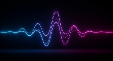 Vibrant neon glowing sound wave or equalizer pattern on a dark background, transitioning from blue to pink.