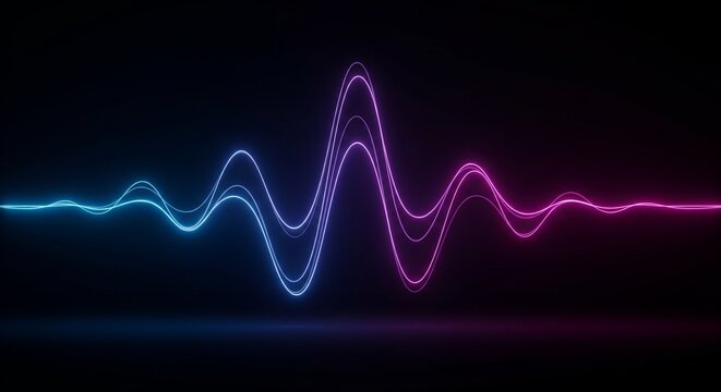 Vibrant neon glowing sound wave or equalizer pattern on a dark background, transitioning from blue to pink.