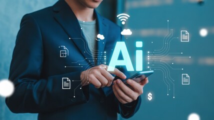 AI technology in business concept with businessman using a mobile phone. This photo evokes futuristic with technological advance