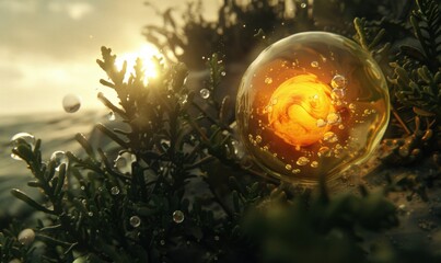 Surreal glowing sphere resting on evergreen branch with dreamlike atmosphere