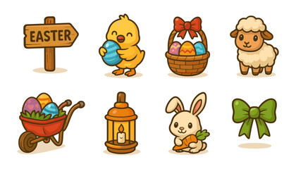 Obraz premium Cute Easter cartoon icons, spring holiday elements