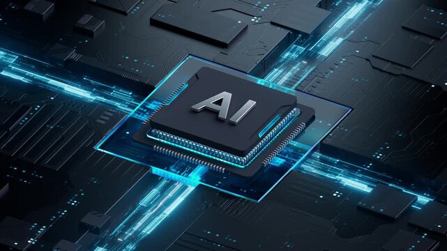 Artificial intelligence motion background. AI processing data transfer animation with bright lights. Hardware  technology processor concept. Seamless loop.