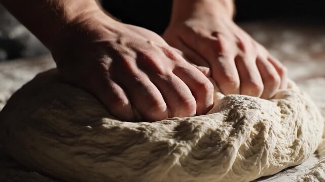 Close up of hands kneading fresh dough for homemade bread or pastry on a floured surface.