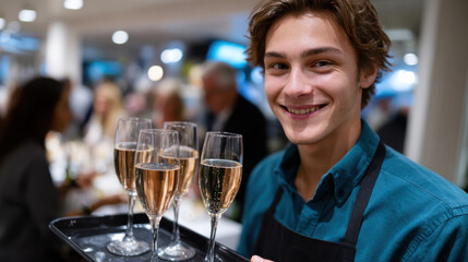 A cheerful young man holds a tray of champagne glasses, embodying hospitality at a festive social event filled with elegantly dressed guests enjoying celebration and camaraderie.