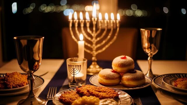 Elegant Hanukkah dinner table setting with lit hanukkah menorah, latkes, applesauce, sour cream, and sufganiyot dessert