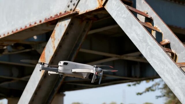 Medium shot of a drone performing detailed surface inspection on a steel bridge capturing structural joints and rust spots under bright daylight