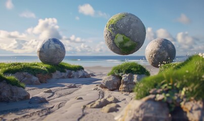 Zen spheres on a sandy beach with ocean view peaceful nature scene