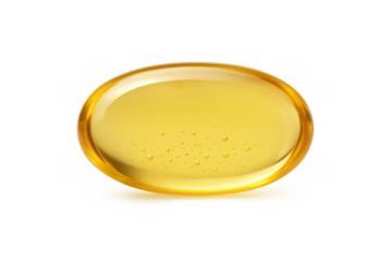 Yellow oil capsule with transparent background, providing health supplements, vitamins, and essential fatty acids