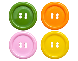 Four colorful round fasteners with four holes each
