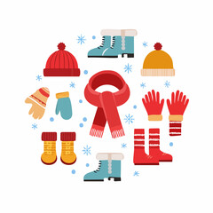 A circular arrangement of various winter clothing items including hats, scarves, gloves, and boots, with snowflakes scattered around.
