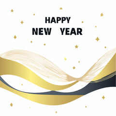 Happy New Year greeting card with golden waves and stars on a white background.