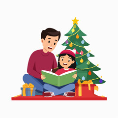 A father and daughter are sitting by a Christmas tree, reading a book together, surrounded by gifts.