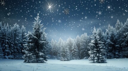 A Christmas scene with trees and stars in the sky